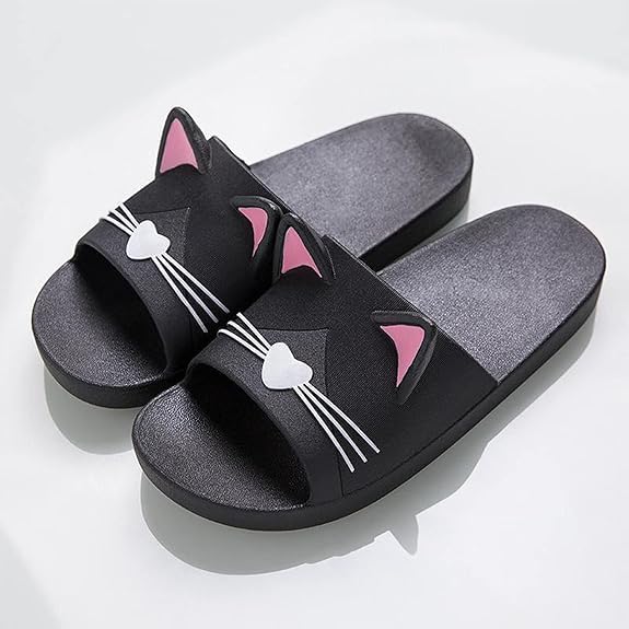 AioTio Katzen Schlappen Pantoffel Damen Bequem Rutschfeste Badelatschen Mädchen Weich Slipper (38/39EU) Schwarz