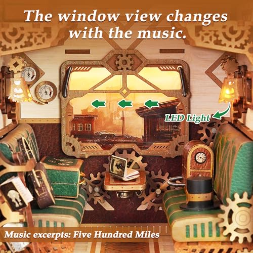 Image of Tonecheer DIY Book Nook Kit for Adults, Miniature Infinity Train Cabin Steam Age Vintage Carriage Model, Wooden 3D Puzzle Dollhouse Booknook Decorative Bookend Gifts (Steam Fantasy)