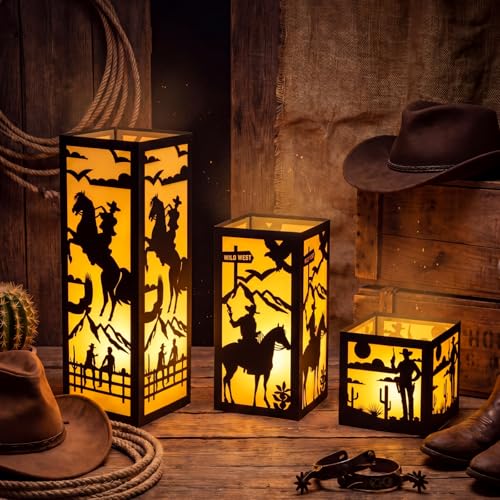 Image of Rossesay 24 Pcs Western Cowgirl Centerpieces Party Decor for Table, 3 Size Wild West Paper Lantern with LED Candle for Last Rodeo Bachelorette, Cowboy Themed Birthday Party Decorations