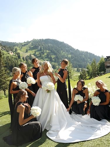 ForElise Satin Bridesmaid Dresses with Scarf Halter Bias Cut Elegant Prom Dress with Slit4