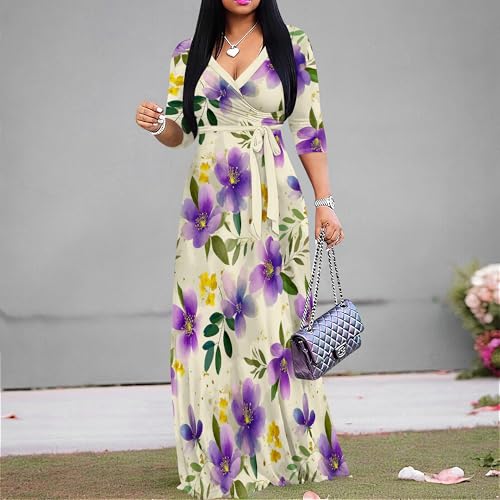 Image of Women Plus Size Long Sleeve V Neck Maxi Dress with Belt | Soft fabric relaxed fit three quarter sleeve v neck with pockets for party and daily wear