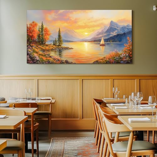 SERIMINO Autumn Landscape Wall Art, Lake Sunset Canvas Extra Large Artwork, Mountain Forest Boat Nature Art Prints, Modern Wall Pictures for Living Room Bedroom, Rustic Farmhouse Wall Decor 30"X60"