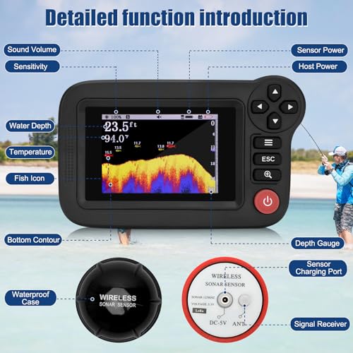 Portable Fish Depth Finder, Wireless Kayak Fish Finder, Rechargeable Castable ice Fishing fishfinder with Sonar Transducer and TFT LCD Display, 105° Beam Angle & 2.6-164 FT, for Shore, Sea ＆ Kayak - Thumbnail 7