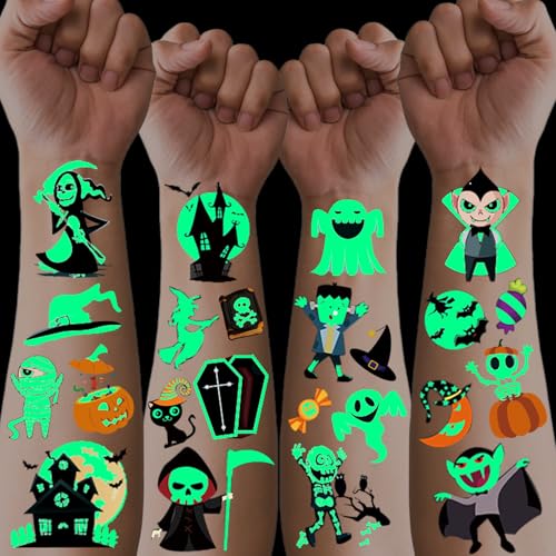 Halloween Tattoos für Kinder, 20 Blätter Leuchtende Kindertattoos Hautfreundlich, Mitgebsel Halloween Party Deko Geschenke Kinder