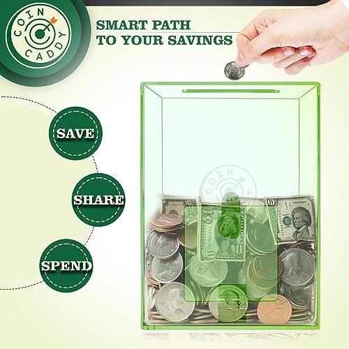 Coin Caddy Clear Piggy Bank for Adults Kids - Large & Sturdy Personal Money Jar for Cash Saving with Key - Acrylic Money Saving Box for Vacation, Wedding, Birthday Gifts & Fun, Neon Piggy Banks