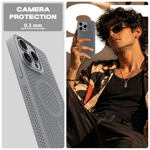 Image of Pikkme Back Cover for iPhone 15 Pro Max | Honeycomb Cooling Design | Silicone Heat Dissipation | Mag-Safe Compatible | Shockproof Camera Protection Bumper Case (Grey)