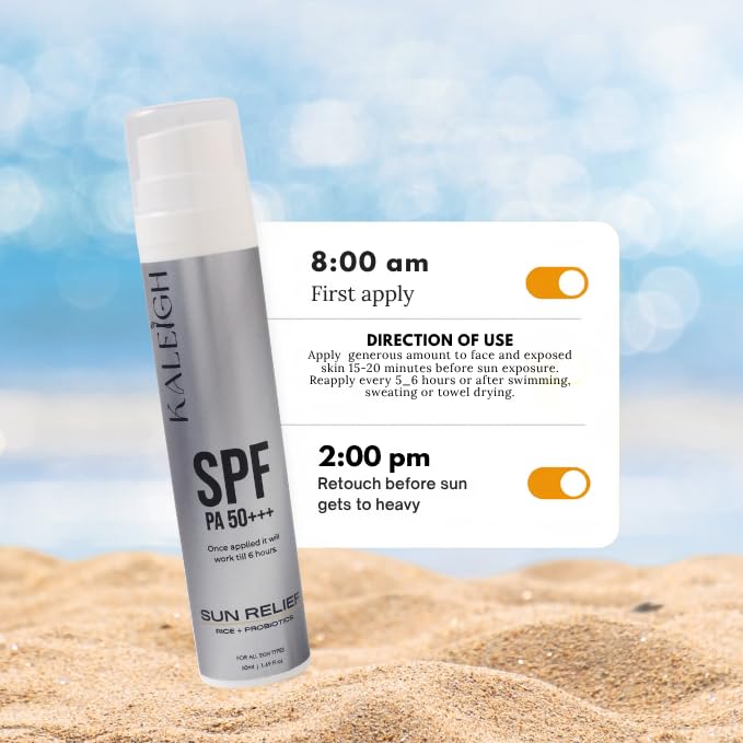 Image of KALEIGH Sunscreen SPF 50 PA+++ | Protection Against UVA & UVB | Water & Sweat Resistant, No White Cast, Non Greasy | Lightweight & Fast Absorbing for All Skin Types | Broad Spectrum Sun Relief Sunscreen for Men & Women| 50ml