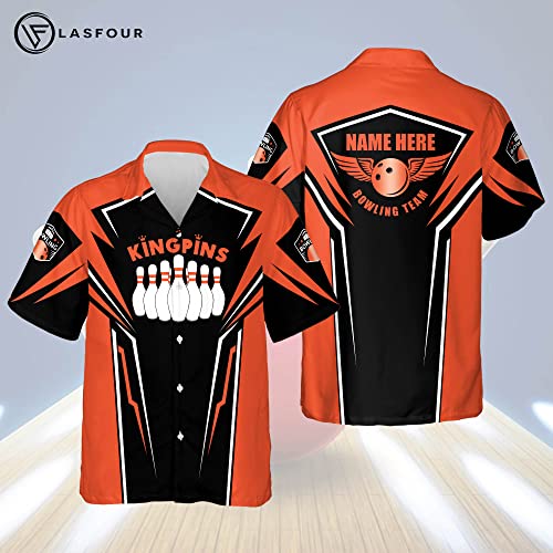 Lasfour Custom Bowling Shirts For Men, King Pin Bowling Team Shirts, Men's Bowling Button-Down Short Sleeve Hawaiian Shirts (Orange) #TOP5