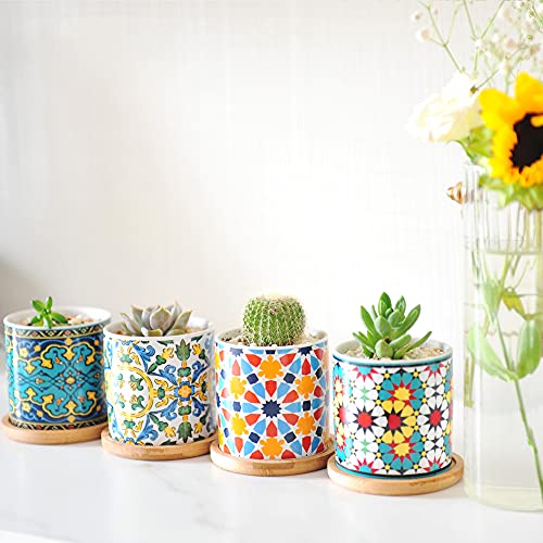 Ascrafter 6 Pack Mandala Succulent Plant Pot with Bamboo Trays, Ceramic Multicolored Succulent Container Planter Pot for Small Plant Ascrafter 6 Pack Mandala Succulent Plant Pot with Bamboo Trays, Ceramic Multicolored Succulent Container Planter Pot for Small Plant