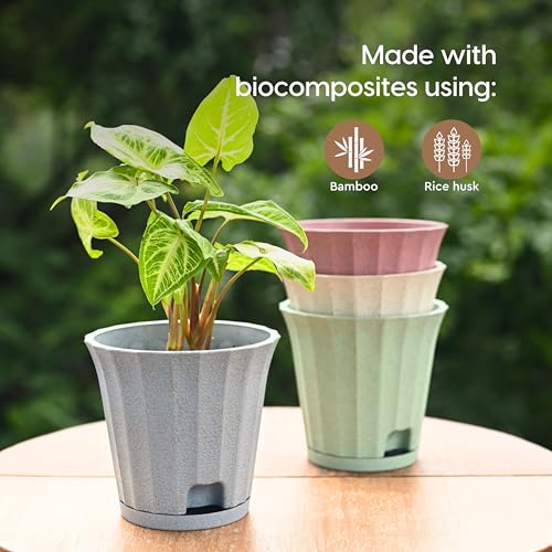 Image of Eha Earth Friendly Ace 5 inch Small Self Watering Pots for Indoor Plants | Set of 6 | Plant Pot Made with Bamboo Fibers | Table Top Planters for Home Decor, Flower Pot for Living Room | Celeste