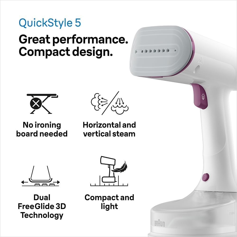 Braun QuickStyle 5 GS5011PU, Tireur Vertical avec Première Plaque au Monde avec Technologie Dual FreeGlide 3D, Chauffage Rapide, Vapeur 22 g/min, Capacité Réservoir 150 ml, 1200 W, Blanc/Violet