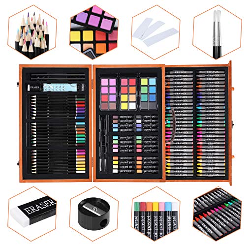 142 Piece Deluxe Art Sets, Painting & Drawing Kit,Mega Wooden Art Box,Art Case Portable,with Colored Pencils,Sketch Pencils,Crayons, Oil Pastels, Watercolor Cakes, Paint Brush, Sharpener, Eraser