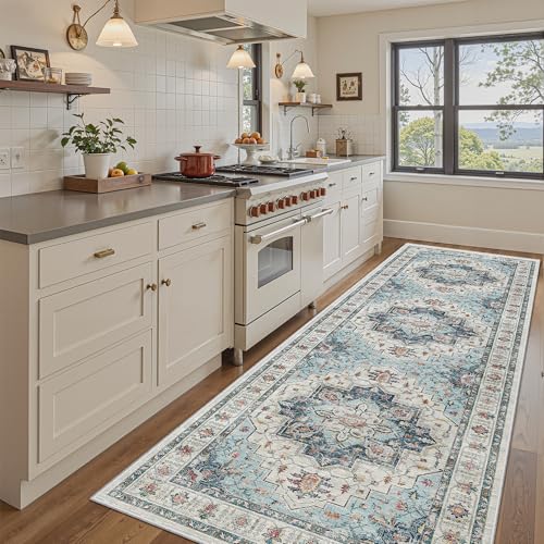 Madane 4x12 Wide Hallway Runners: Washable Runner Rug for Entryway Living Room Soft Vintage Non Slip Carpet Runner for Kitchen Dining Room Nursery Bedroom Thin Area Rug (Blue, 4x12ft)
