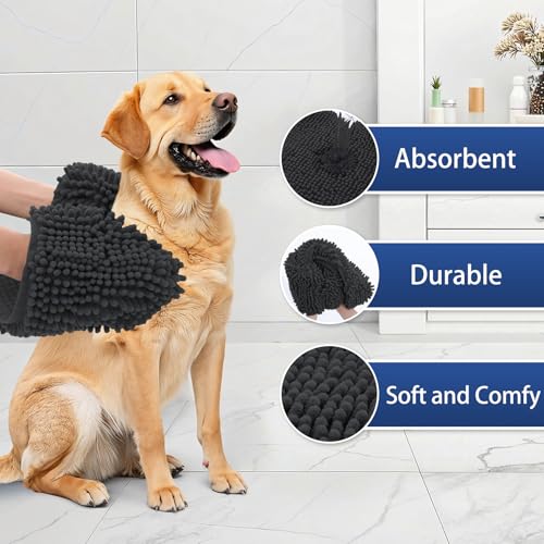 Image of OLANLY Chenille Dog Bath Towel 31x13, Ultra Absorbent Quick Dry Pet Towel, Extra Soft Washable Plush Towel for Large Dogs & Puppies, Indoor Outdoor Use, Dark Grey