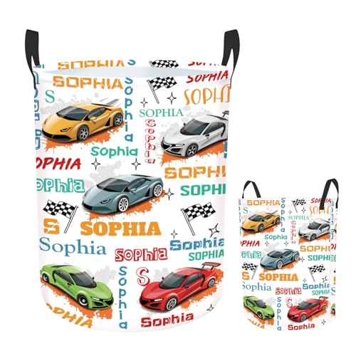 Rucekia Personalized Baby Boy Laundry Basket with Name, Custom Name Car Laundry Hamper for Boys Girls Adults, Customize Baby Dirty Clothes Basket with Name and Handles