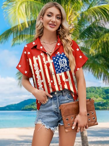 Image of American Flag Shirt for Women 4th of July USA Button Up Tops Summer Hawaii Floral Patriotic Stripes Graphic Tee