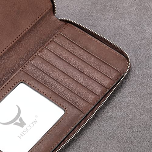 Image of HISCOW Leather Checkbook Cover, Zippered Wallet, Aniline Leather Coffee | Full grain cowhide, 5cc & ID window, personal check book & register pockets, removable duplicate divider, women secure zipper