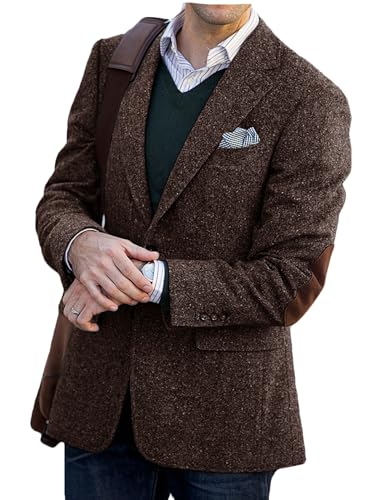VENNYNG Men's Tweed Blazer Suit Jacket with Elbow Patches Single Breasted Male Short Vintage Trench Coat