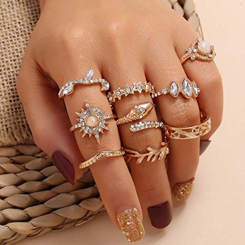 Bniealsy Boho Snake Rings for women Gold Knuckle Rhinestone Stackable Rings Crystal Mid Finger Rings Set Jewelry for Women and Teen Girls (10Pcs)