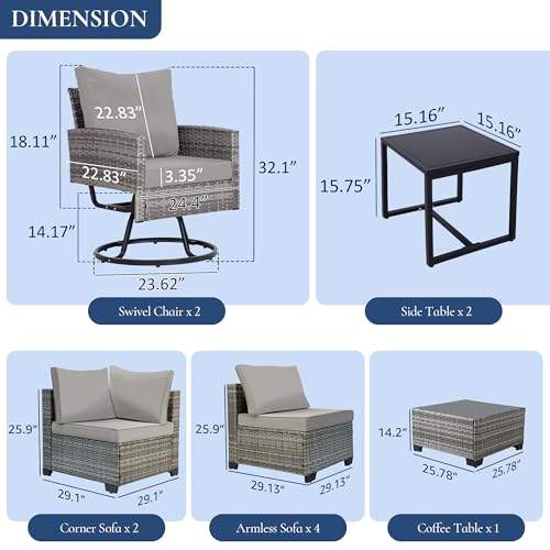 FHFO 10 Pieces Outdoor Patio Furniture Set with Swivel Chairs, Wicker Sectional Sofa Set Rattan Modular Patio Conversation with Cushions Couch & Coffee Table for Garden, Balcony, Porch, Grey-Grey