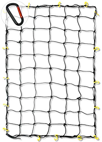 NEIKO 50971A 4 x6  Super Duty Cargo Net | Bungee Net Stretches to 8 x12  | 16 Pcs Detachable hooks, 4 Carabiners, Small 4 x4  Mesh Protects Small Items, for SUV, ATV UTV, RV, Pickup Truck Bed, Trailer