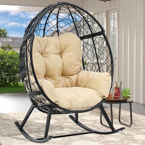 DWVO Wicker Rocking Egg Chair, Oversized Indoor Outdoor Rattan Rocking Chair, Indoor Outdoor Lounger for Patio, Backyard, Living Room, Black & Beige