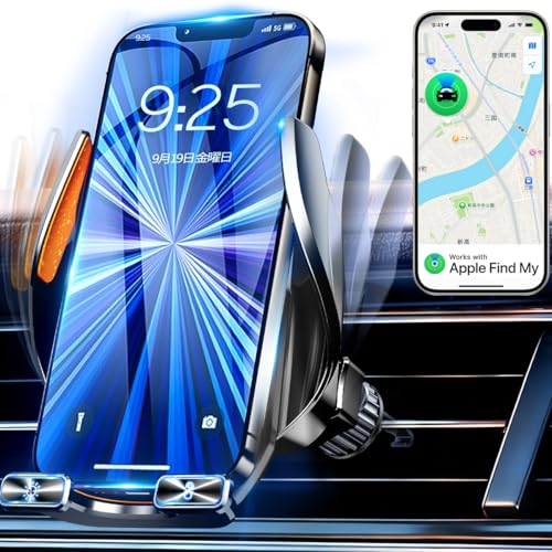 Omegatech【業界唯一スマホホルダー 充電対応&GPS全球超強信号】 airタグ エアタグ 追跡タグ gps 小型 バレない スマートタグ 車載充電 長寿命 電池交換不要 忘れ物防止 車両追跡 位置情報 盗難対策（Apple「探す」のみ対応 ）エアタグ車 スマホスタンド カ一用品 携帯ホルダー 工アコン吹き出し口 自動開閉 360度回転 IOS専用 MFI認証 月額費不要 日本語説明書の画像