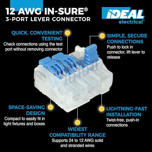 Image of Ideal Electrical in-Sure Lever Wire Connector,12 AWG, 3-Port (30-01L23), Bag of 10-Compact Releasable Connectors for Solid and Stranded Wires