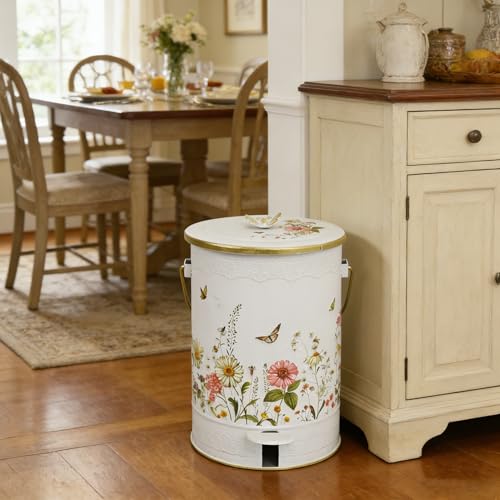 Image of White Floral Metal Step Trash Can with Lid, 8L Vintage Butterfly & Wildflower Decorative Waste Basket with Handles for Bathroom, Bedroom, Kitchen, 14.57 inch x 9.84 inch