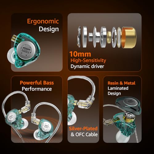 Image of Amazon Basics Pro Series IEM Earphone, HiFi Stereo | 3.5 mm Plug| Dual Magnetic Circuit Dynamic Driver | Resin Inlay Metal Body | Detachable 5N OFC Cable | with Mic |for Audiophiles & Musicians |Cyan