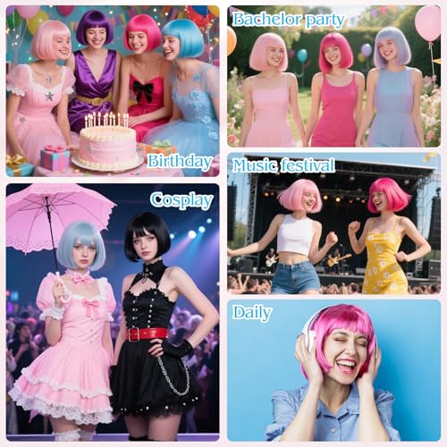 Image of MEEZY Light Blue Short Bob Wigs Straight Hair with Flat Bangs Heart Sunglasses for Women, Colorful Funny Cosplay Party Neon Wig Synthetic Natural As Real Carnival Halloween Costume Party Favors