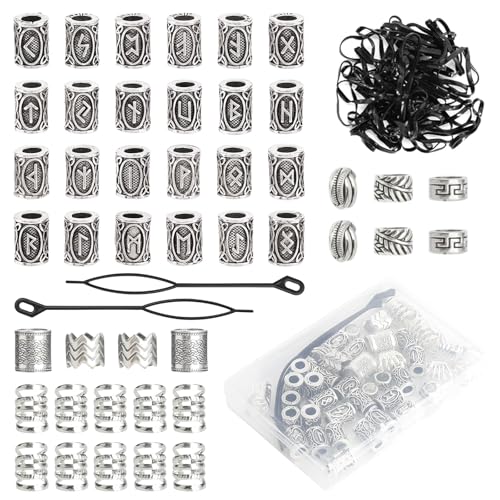 TLDBATICE 44 Stück Haarperlen Bartperlen Männer Haarperlen zum Klipsen Haar Schmuck Dreadlocks Schmuck Bartschmuck Männer Set mit 50 Gummibändern 2 Fädelhilfen Box für DIY Styling