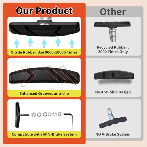 Image of Chooee Bike V-Brake Pads, Bicycle 70mm Brake Blocks Set, 2 Pairs Universal Brake Shoes