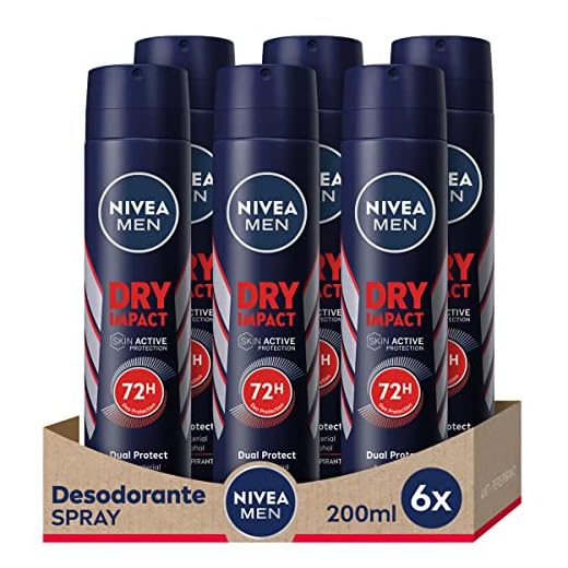 NIVEA MEN Dry Impact Spray en pack de 6 (6 x 200 ml), desodorante antitranspirante con protección 48 horas, desodorante spray de cuidado masculino testado en la vida real