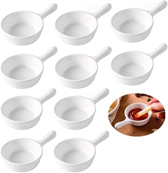 10 Packs White Soy Sauce Dishes with Handle,1oz Ramekins Porcelain Pinch Bowls,Small Dip Bowls Set,Dipping Bowls Appetizer Ketchup BBQ Sushi Condiments Serving Bowl Set-Stackable Pot Shape
