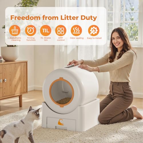 Self Cleaning Litter Box - Large Capacity Automatic Litter Box Smart Robot for Multiple Cats, Auto-Empty with App Control, Auto Sensors for Safety Protection, Enhanced Whisper-Quiet Design, White