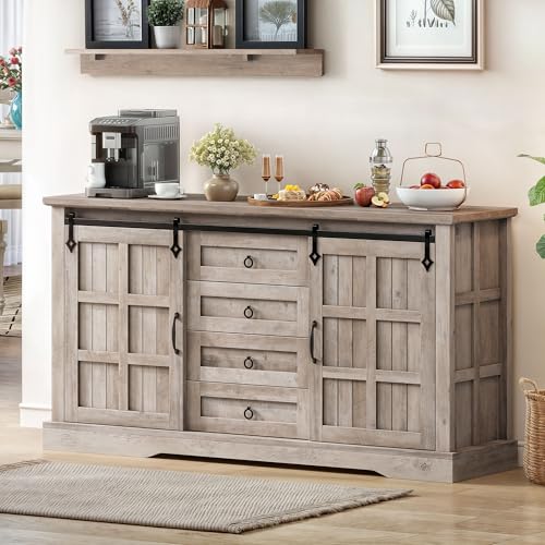 DWVO 59" Kitchen Storage Cabinet, Sideboard Buffet Cabinet with Storage, Sliding Barn Doors and 4 Drawers for Living Room/Kitchen, Wash Grey