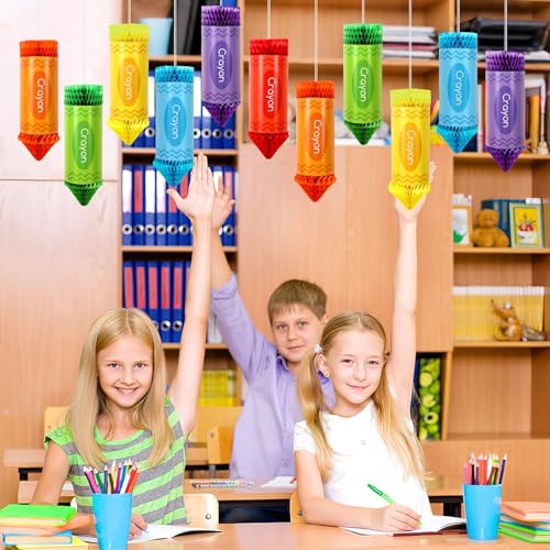 Image of 12 Pcs 100 Days of School Decorations, Colorful Crayon Pencil Honeycomb Classroom Ceiling Decorations for First Day of School Office Birthday Party Supplies Decor