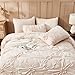 Jameswish Beige Comforter Set King Size Bed in A Bag 7 Piece Pinch Pleat Bedding Set, Pintuck Ruched Flowers Bed Set with Comforter, Sheets, Pillowcases & Shams