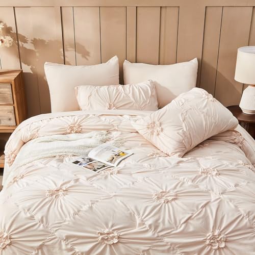 Image of Beige Comforter Set King Size Bed in A Bag 7 Piece Pinch Pleat Bedding Set, Pintuck Ruched Flowers Bed Set with Comforter, Sheets, Pillowcases & Shams
