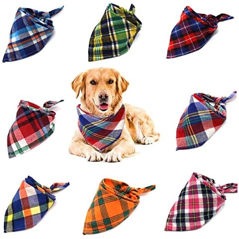 VIPITH 8 Pack Triangle Dog Bandanas, Reversible Plaid Painting Bibs Scarf, Washable and Adjustable Kerchief Set for Small to Large Dogs Cats Pets(Size L) Cover