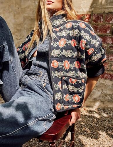 Wyeysyt Women's Cropped Puffer Jacket Lightweight Floral Print Long Sleeve Padded Quilted Puffy Cardigan Coat (Navy-L)2