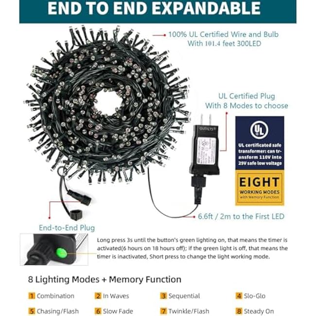 Christmas String Lights End-to-End Plug 8 Modes 108FT 300 LED IP55 Outdoor Waterproof UL Certificated Indoor Fairy Lights Garden Wedding Christma Trees Parties Decoration Multicolor