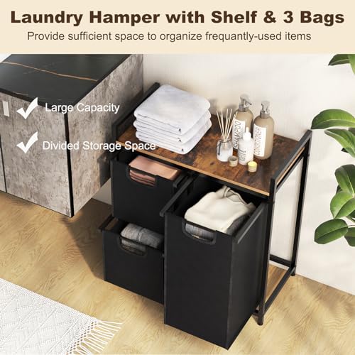 Multigot Laundry Basket, 2/3-Compartment Dirty Clothes Laundry Hamper with Removable Liner Bags, Top Shelf & Handles, Divided Bathroom Laundry Sorter Bin (Rustic Brown+Black, 2 Small Bags+1 Large Bag) - Image 2