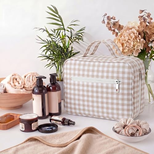 Image of Hanging Toiletry Bag for Women,Gingham,Brown