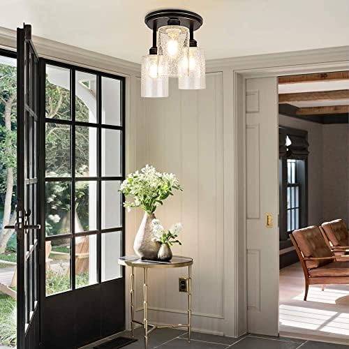 Depuley 3 Way Ceiling Lights ,Retro Black Semi Flush Mount Ceiling Light with Gold Rim, Bubble Glass Shade,Chandelier Ceiling Lighting for Living Room, Bedroom, Kitchen,Hallway (Bulb No Included)