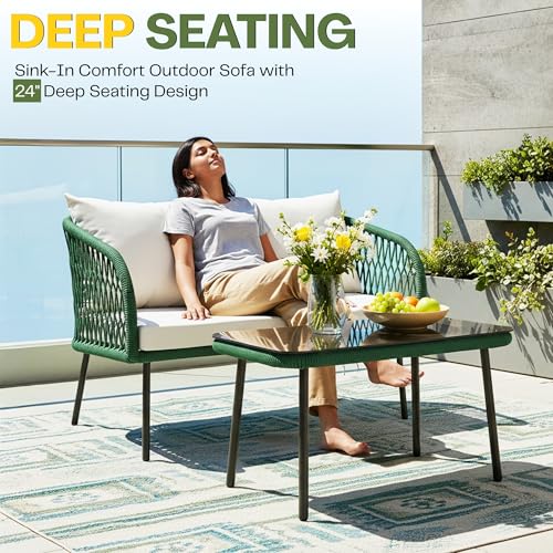 Image of DEVOKO Verde Outdoor Rope 4-Seater Sofa Set with Glass Top Table & Water-Repellent Cushions, Durable Metal Frame, Handwoven Furniture Perfect for Garden, Patio, Pool Deck & Balcony(Green & Off-White)
