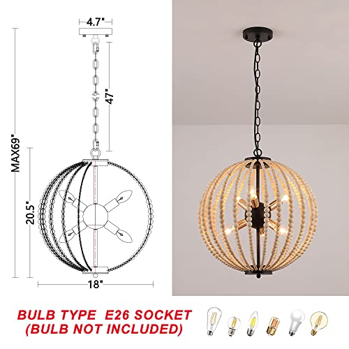 6-Light Boho Wood Beaded Pendant Light Candle Style Globe Chandelier White Finishing for Bedroom, Kitchen Island - Image 7
