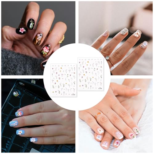 2 folhas de adesivos de unhas de flores, decorações de unhas florais de verão em relevo 5D autoadesi