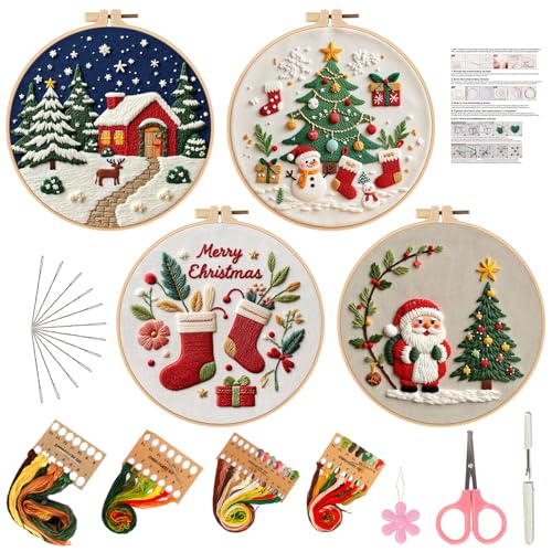Christmas Embroidery Kits 4 Set DIY Needlepoint Kit for Adults Beginners Cross Stitch Kits for Craft Lover Christmas Gifts
